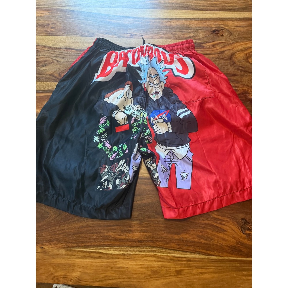 Rick and Morty Backwoods Swim Trunks Mens Large Red Black Graphic Shorts - Picture 2 of 7